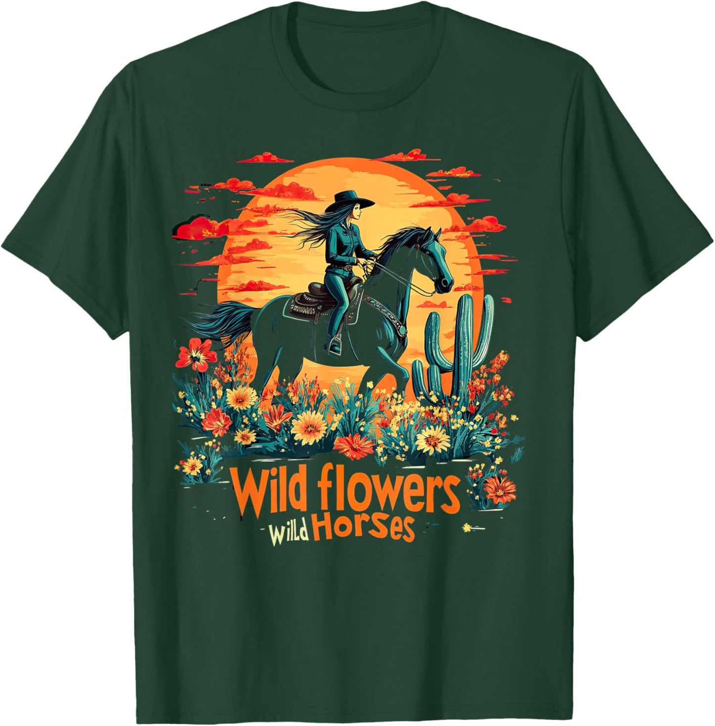 Sunset Cowgirl Riding Horse Wild Flowers Wild Horses T-Shirt - T-Shirt | Forest