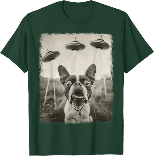 Boston Terrier Dog UFO Alien Extraterrestrial Selfie T-Shirt - T-Shirt | Forest
