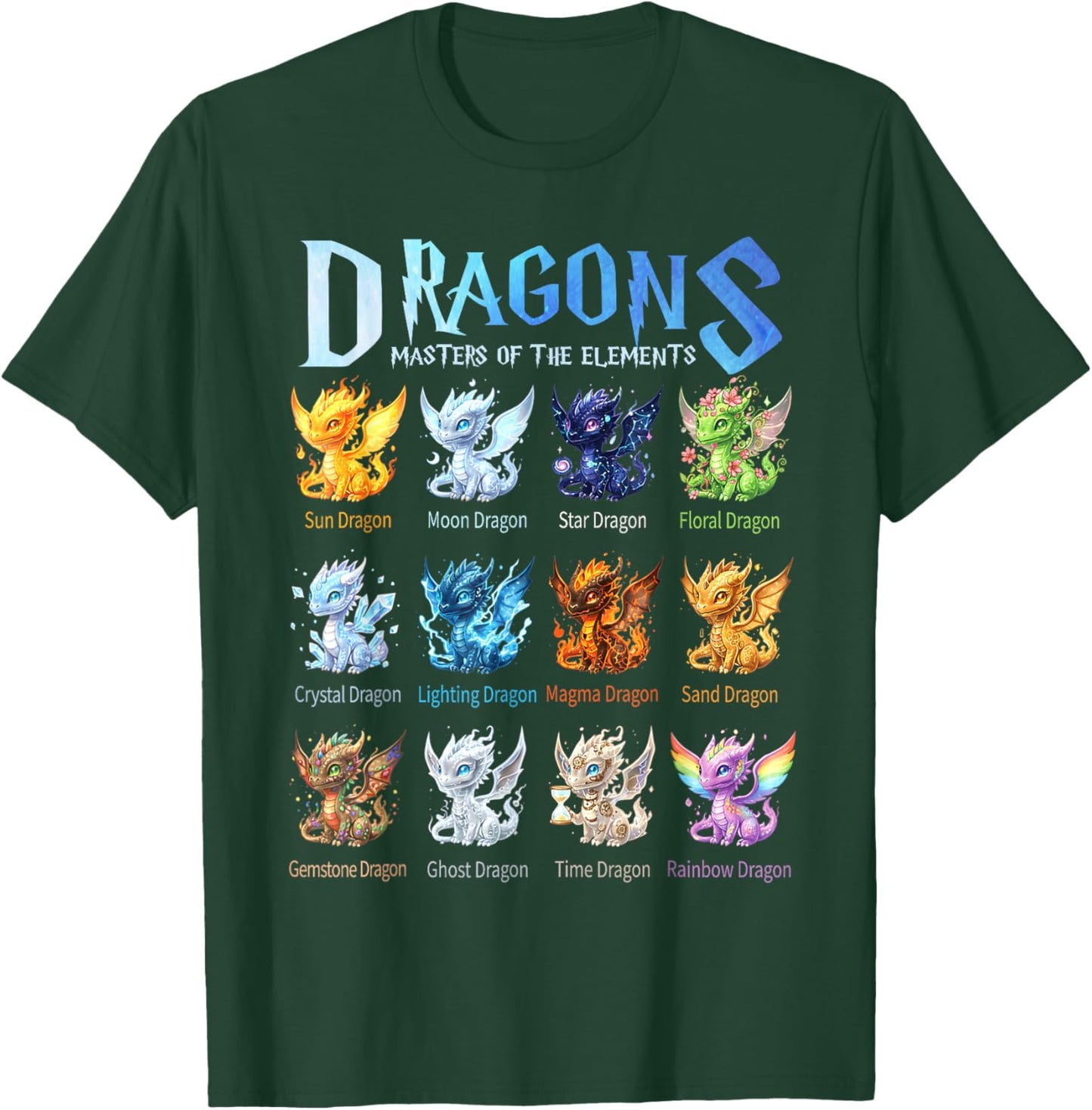 Dragons Masters of The Element Chart - Fantasy Dragon Types T-Shirt - T-Shirt | Forest