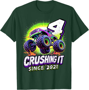 Birthday Monster Truck 4 Year Old Boys 4th Party Born 2021 T-Shirt - T-Shirt | Forest