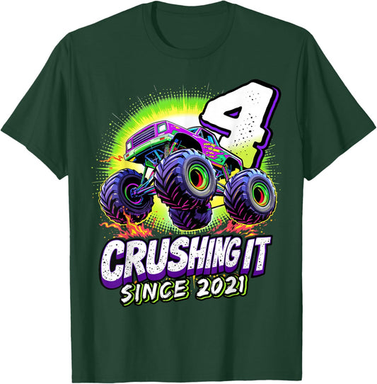 Birthday Monster Truck 4 Year Old Boys 4th Party Born 2021 T-Shirt - T-Shirt | Forest