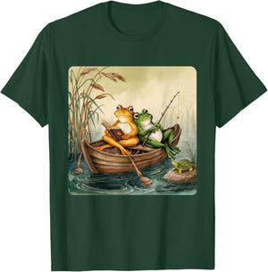 Toad Reading Book And Frog Fishing Vintage Couple Friends T-Shirt - T-Shirt | Forest