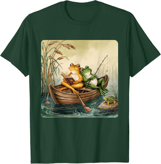 Toad Reading Book And Frog Fishing Vintage Couple Friends T-Shirt - T-Shirt | Forest
