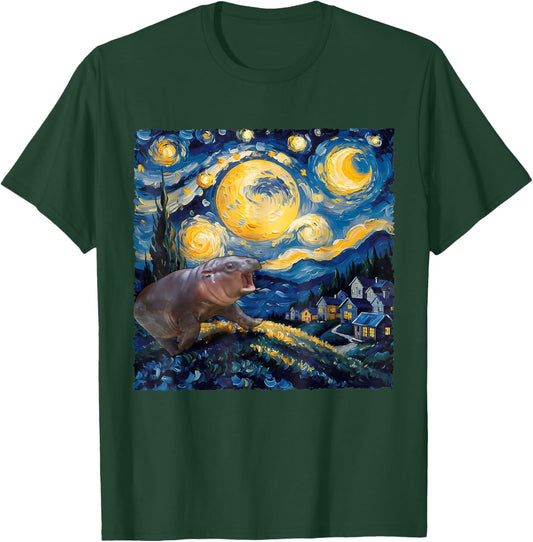 Moo-Deng Starry Night Van Gogh Funny Moo-Deng Meme T-Shirt - T-Shirt | Forest