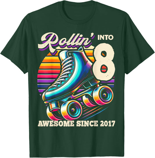 Birthday Roller Skating 8th Girls Rollin into 8 Skate Party T-Shirt - T-Shirt | Forest