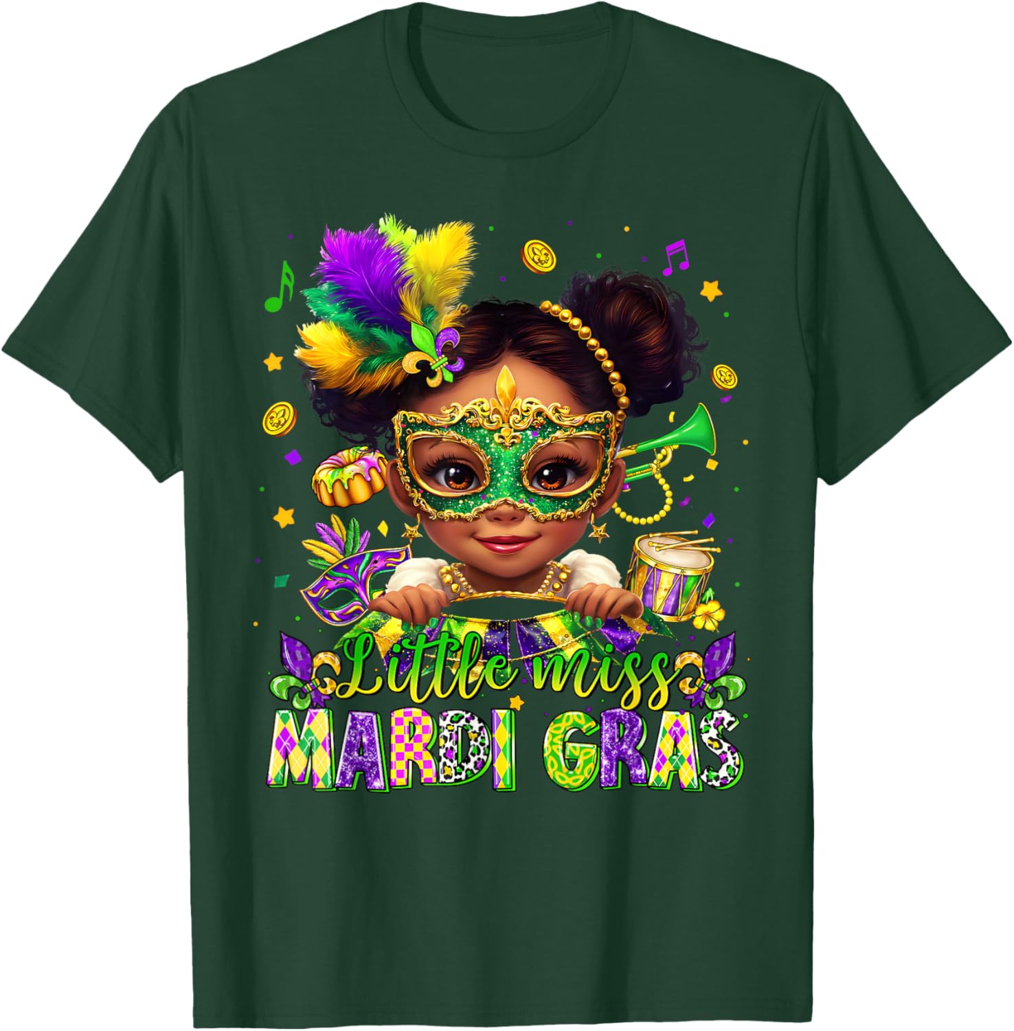 Little Miss Mardi Gras Afro Messy Bun Girl Women Kid T-Shirt - T-Shirt | Forest