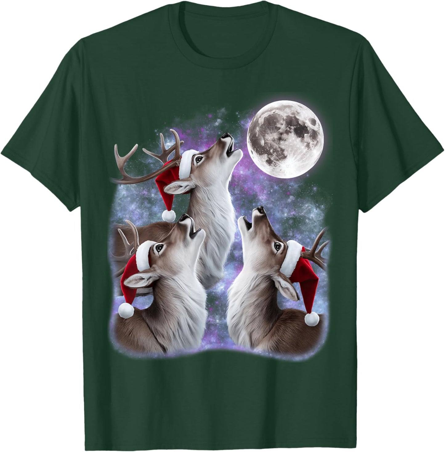 3 Deer Howling At The Moon Santa Hat Meme Funny Deer Lovers T-Shirt - T-Shirt | Forest