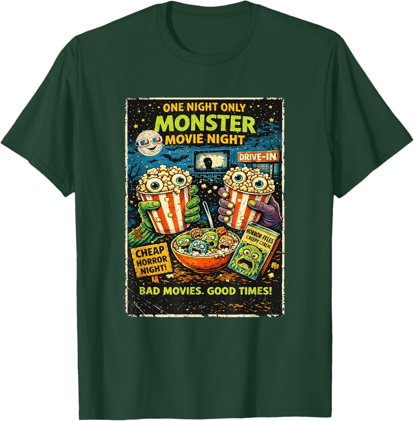 Design Film Horreur Rétro avec Popcorn Monstres Drive-in T-Shirt - T-Shirt | Forest
