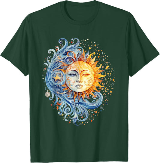 Mystical Sun and Moon with Woman Mystical Flowers Aesthetic T-Shirt - T-Shirt | Forest