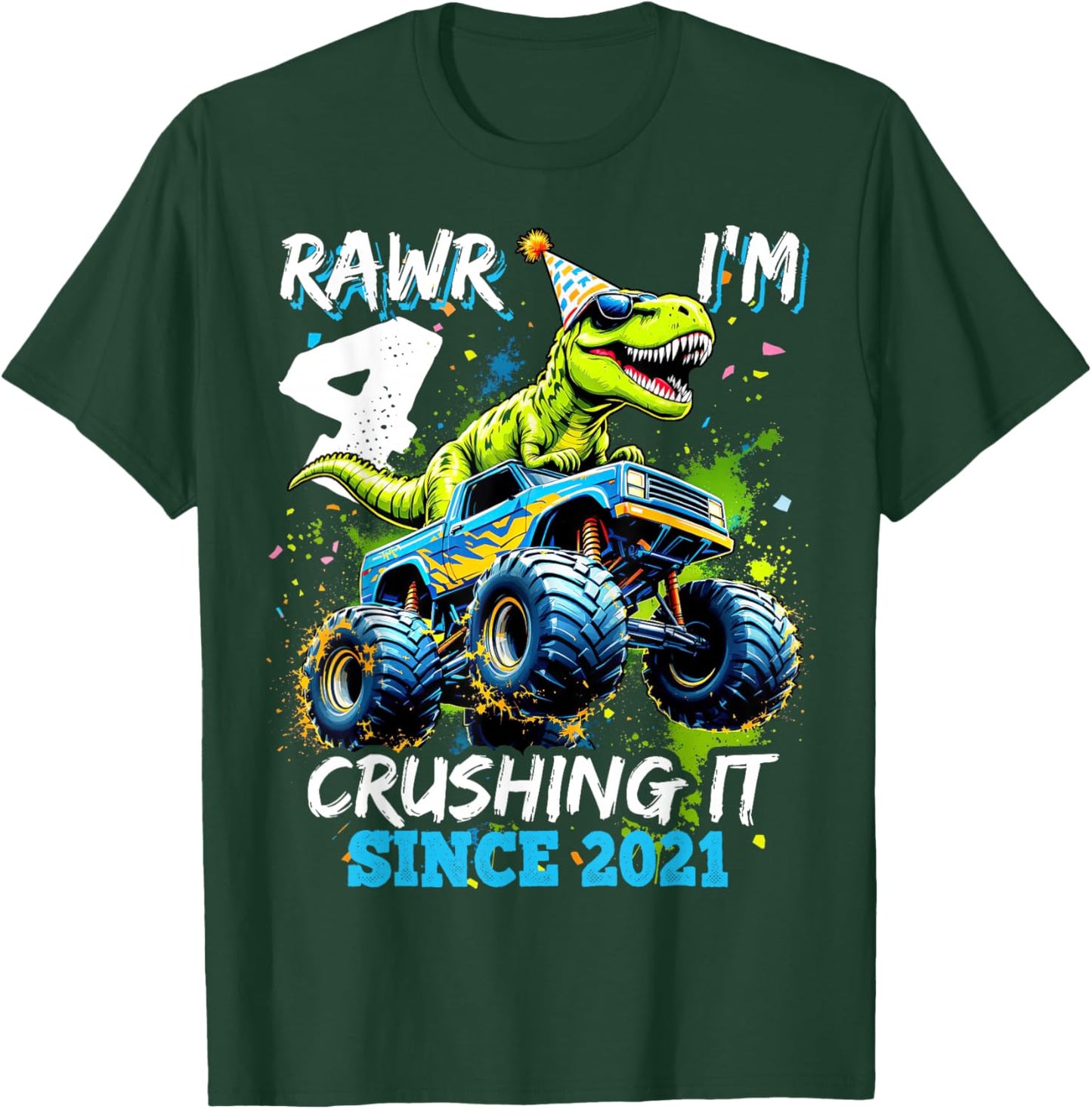 4th Birthday Monster Truck Dinosaur Party Boys Rawr I'm 4 T-Shirt - T-Shirt | Forest