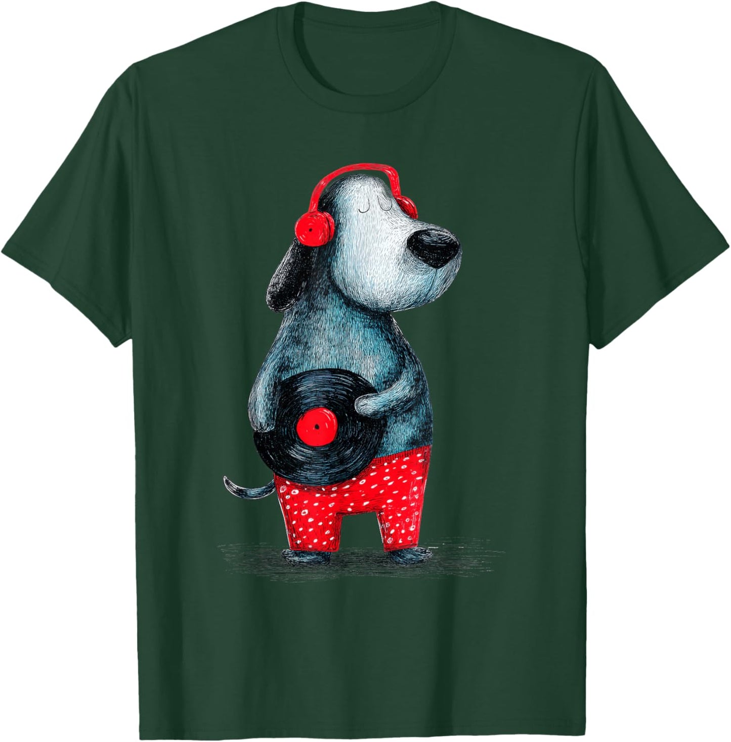 Hund trägt Kopfhörer mit Schallplatte T-Shirt - T-Shirt | Forest