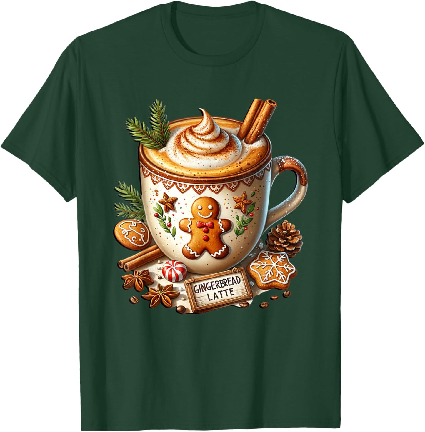 Cute Christmas Coffee Mug Graphic Gingerbread Latte for Xmas T-Shirt - T-Shirt | Forest