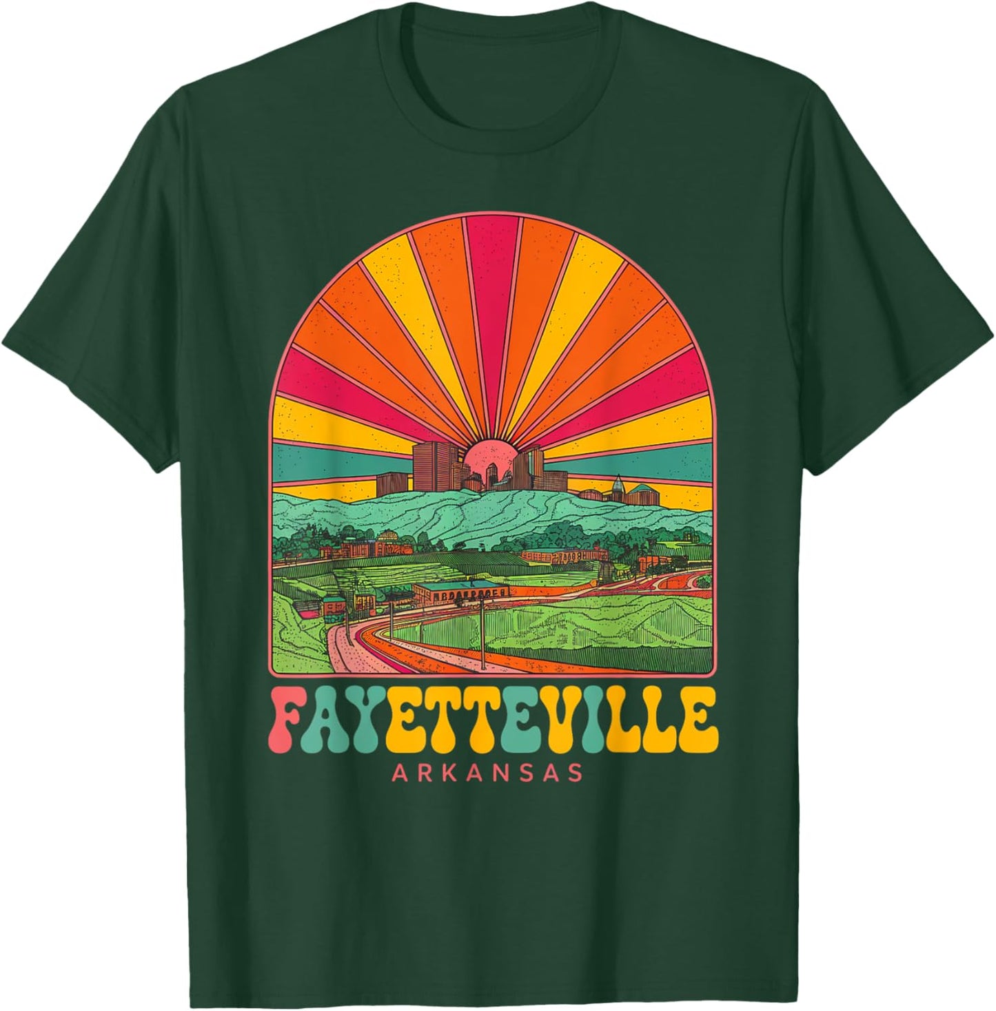 Vintage Fayetteville Arkansas Sunset Skyline Cityscape Retro T-Shirt - T-Shirt | Forest