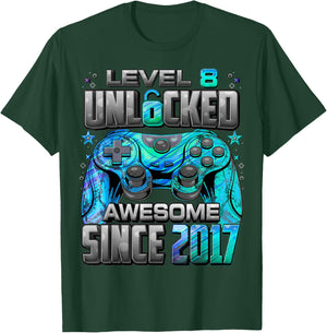 Level 8 Unlocked Awesome Since 2017 8th Birthday Gaming T-Shirt - T-Shirt | Forest