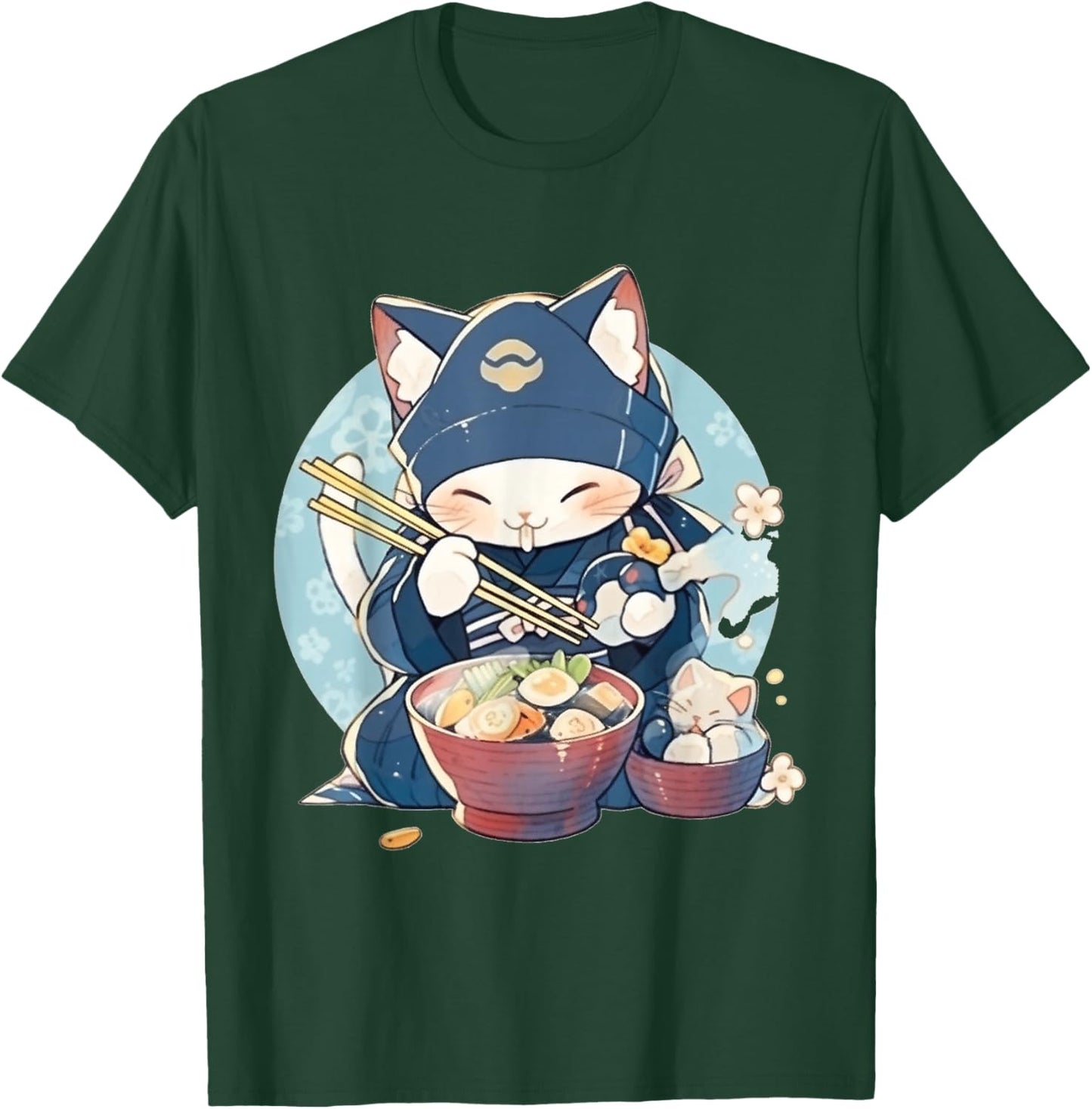 Japanese Art Ramen Cat Ninja Ukiyo-e Anime Style Samurai Cat T-Shirt - T-Shirt | Forest