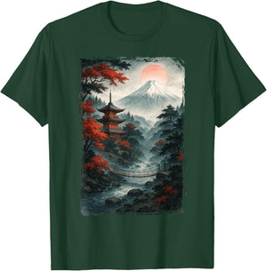 Japanische Landschaft & Bergblick, Sonne, Vintage Japan T-Shirt - T-Shirt | Forest