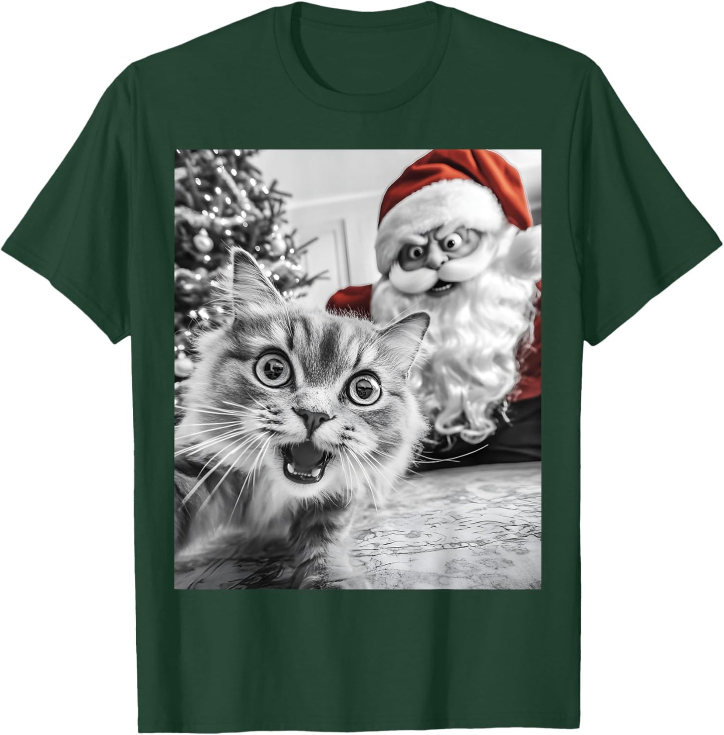 Funny Cat Selfie With Santa Christmas Men Women T-Shirt - T-Shirt | Forest