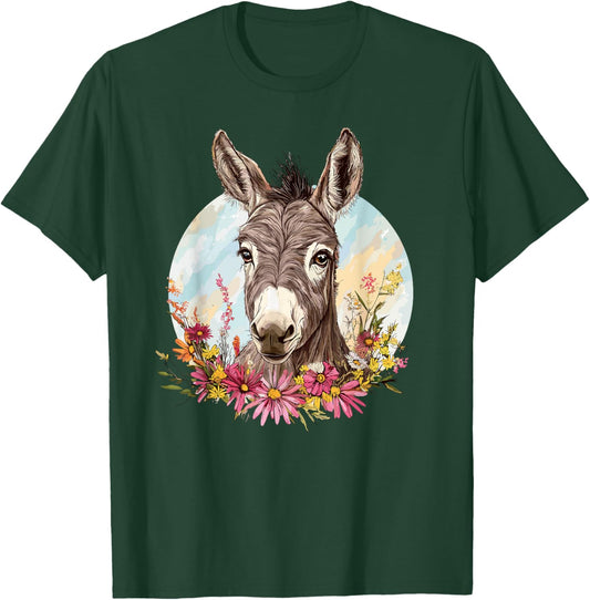 Adorable Donkey Surrounded By Colorful Flowers T-Shirt - T-Shirt | Forest