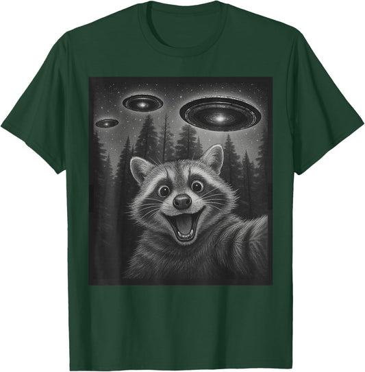 Funny Raccoon Selfie Alien UFO Gifts Women Boy Kid T-Shirt - T-Shirt | Forest