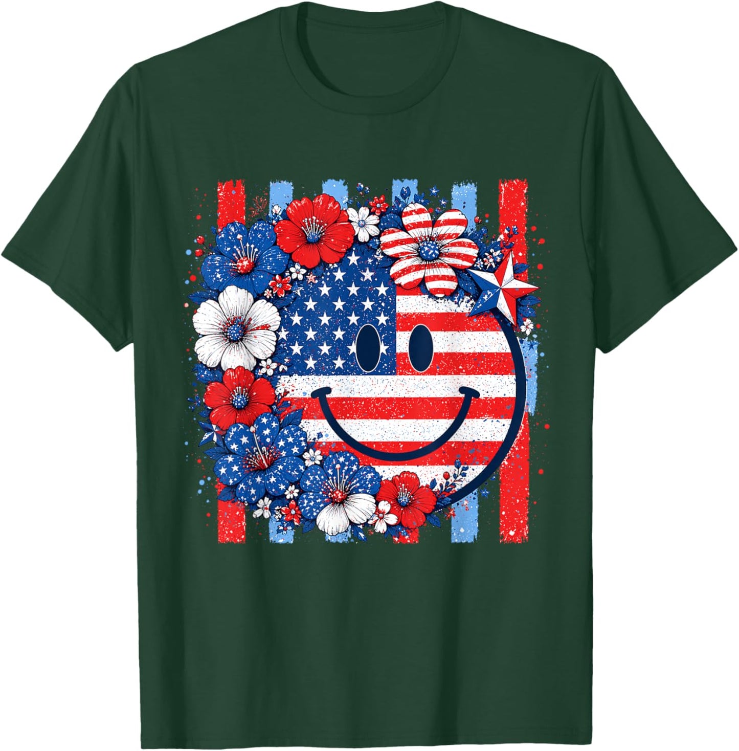 4th of July USA Smile Face Floral Patriotic Women Girl T-Shirt - T-Shirt | Forest