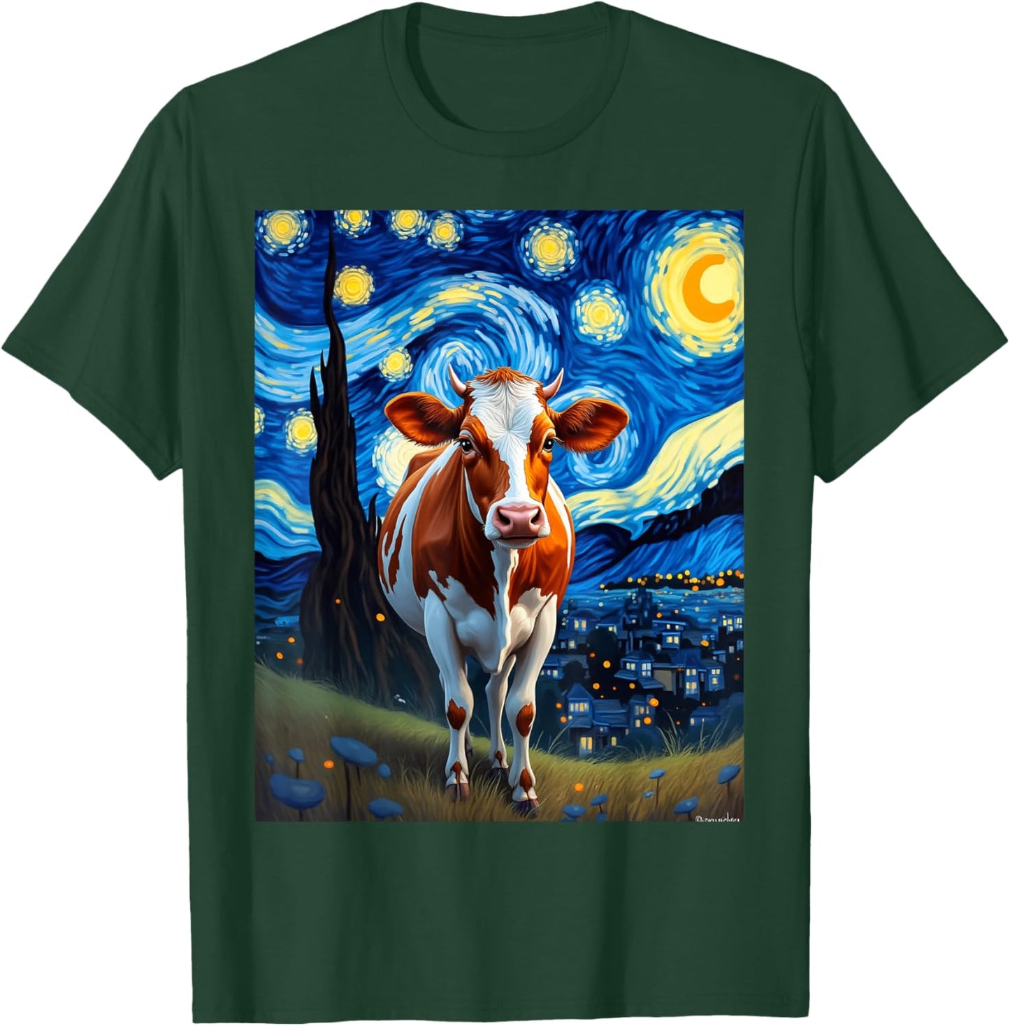 Van Gogh's Starry Night Cow Bovine Animal Lovers T-Shirt - T-Shirt | Forest
