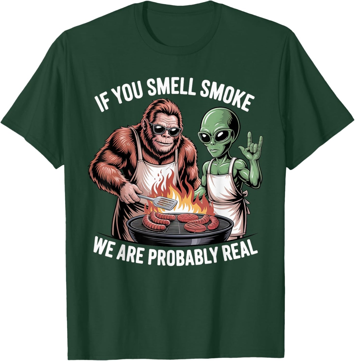 BBQ Bigfoot and Alien Men Father's Day BBQ Bigfoot Alien BBQ T-Shirt - T-Shirt | Forest