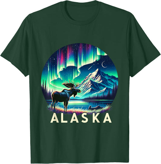 Alaska Northern Lights Aurora Viewing Moose Vacation Alaska T-Shirt - T-Shirt | Forest