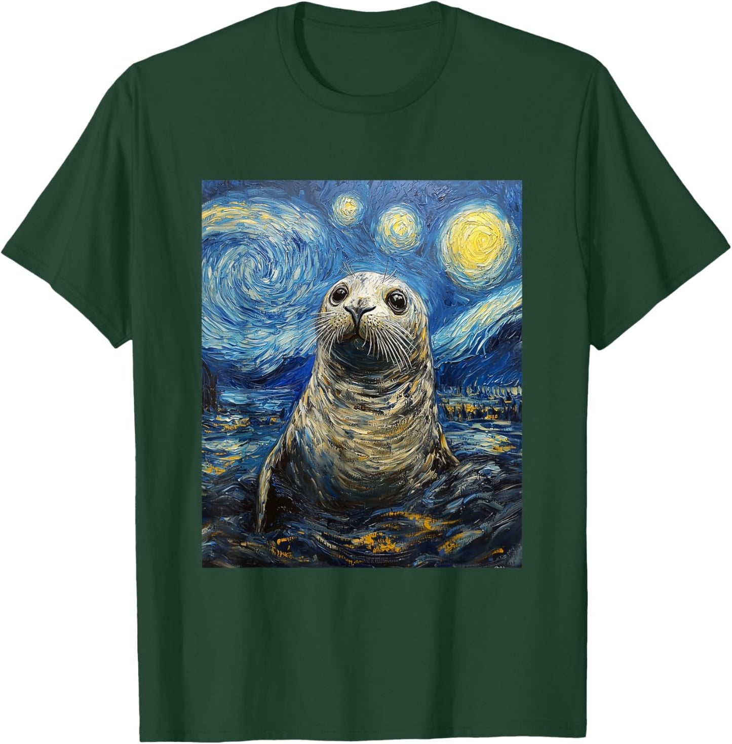 Cute Seal Sea Lion - Van Gogh Style - Starry Night Graphic T-Shirt - T-Shirt | Forest