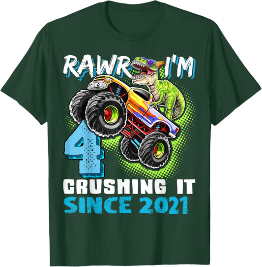 4th Birthday Monster Truck Dinosaur Party Boys Rawr I'm 4 T-Shirt - T-Shirt | Forest