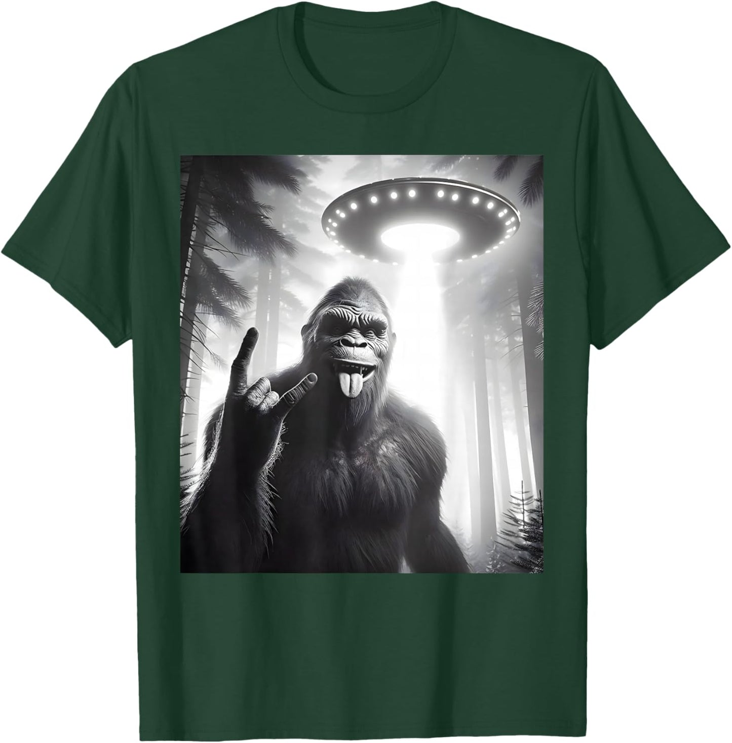 Funny Sasquatch Bigfoot Selfie With UFO Alien Rock Sign T-Shirt - T-Shirt | Forest