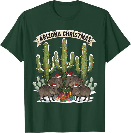 Arizona Christmas Javelina Family Desert Saguaros Lights T-Shirt - T-Shirt | Forest