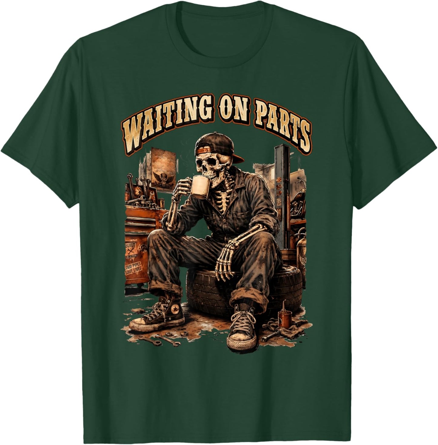Waiting On Parts Funny Mechanic Skeleton Garage Father's Day T-Shirt - T-Shirt | Forest