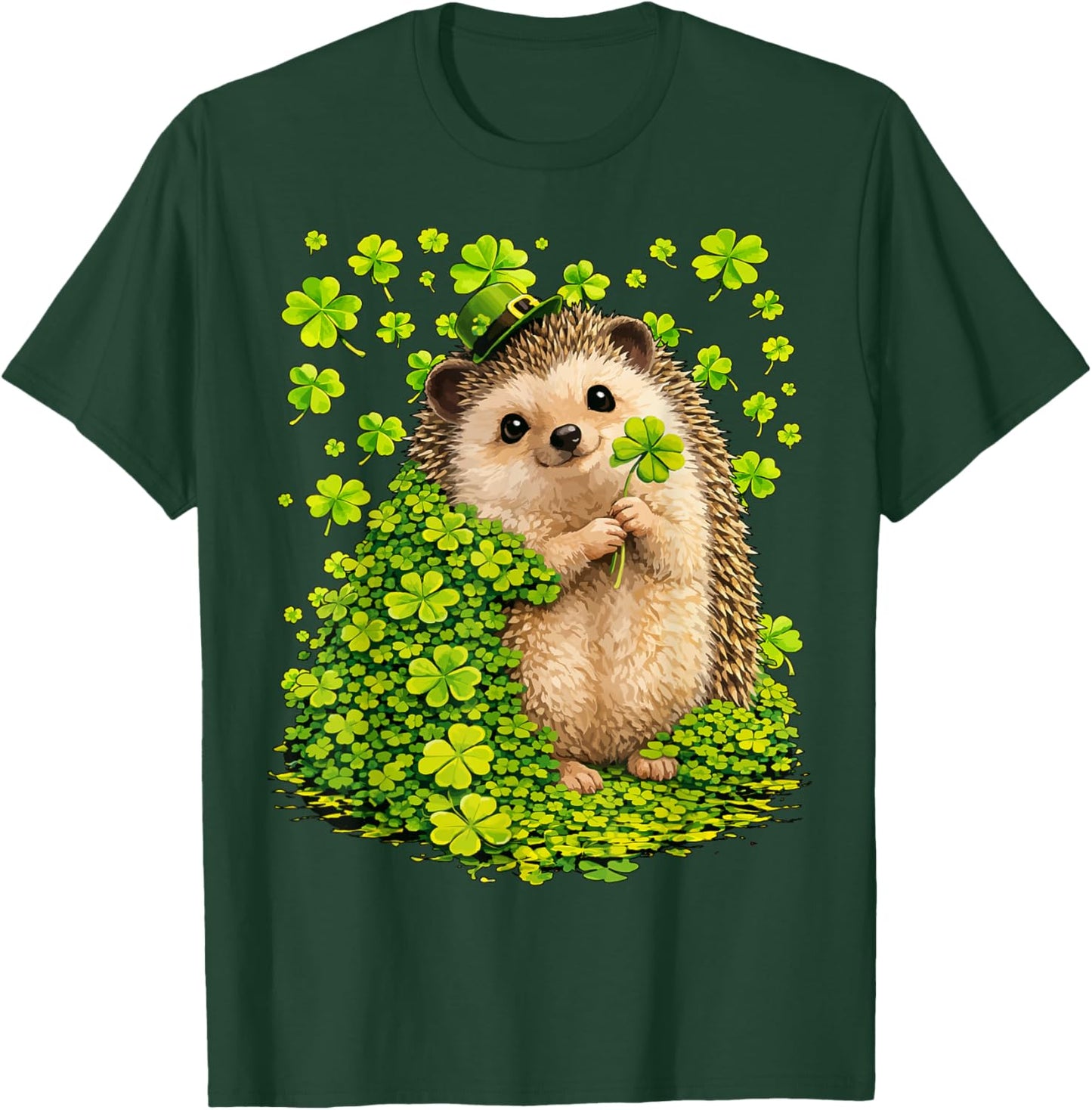Lucky Hedgehog with Clovers and Clovers for St. Patrick's Day T-Shirt - T-Shirt | Forest