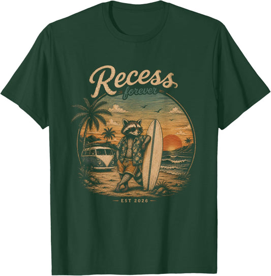 Recess Forever Est 2026 Raccoon Teacher Retirement T-Shirt - T-Shirt | Forest
