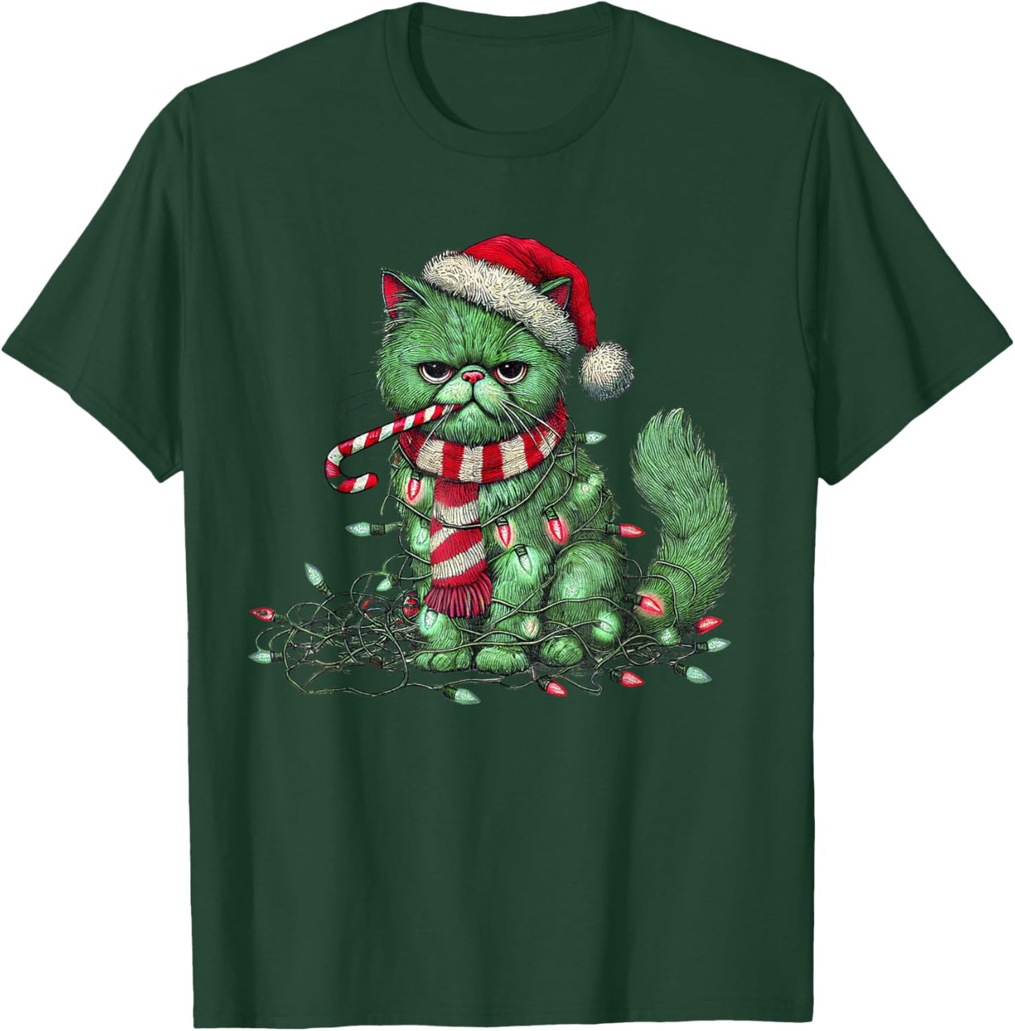 Christmas Cat with Santa Hat & Tree Lights Christmas cat T-Shirt - T-Shirt | Forest
