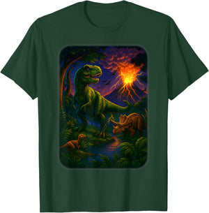 Vintage Dinosaur 90s T Rex and Triceratops Volcano Nature T-Shirt - T-Shirt | Forest
