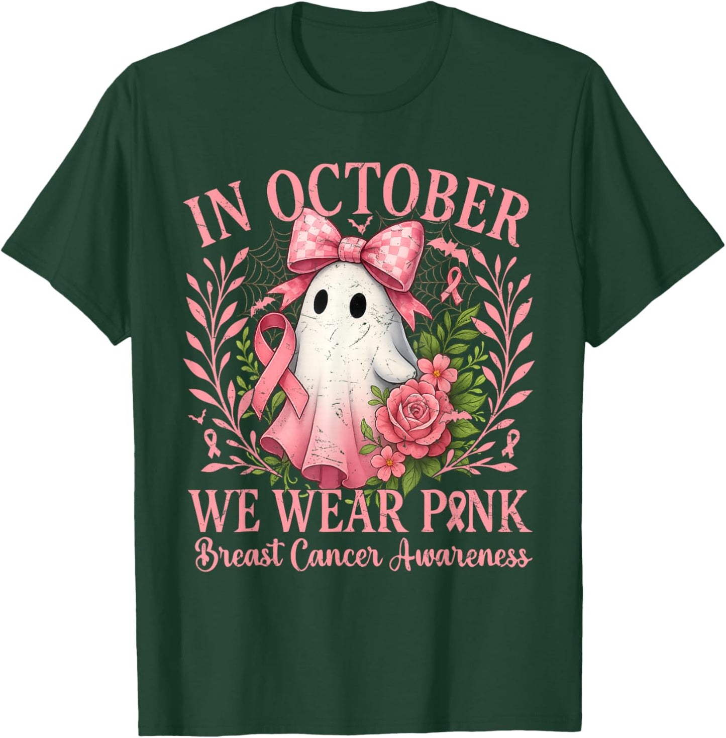 in October We Wear Pink Ghost with Flowers Breast Cancer T-Shirt - T-Shirt | Forest