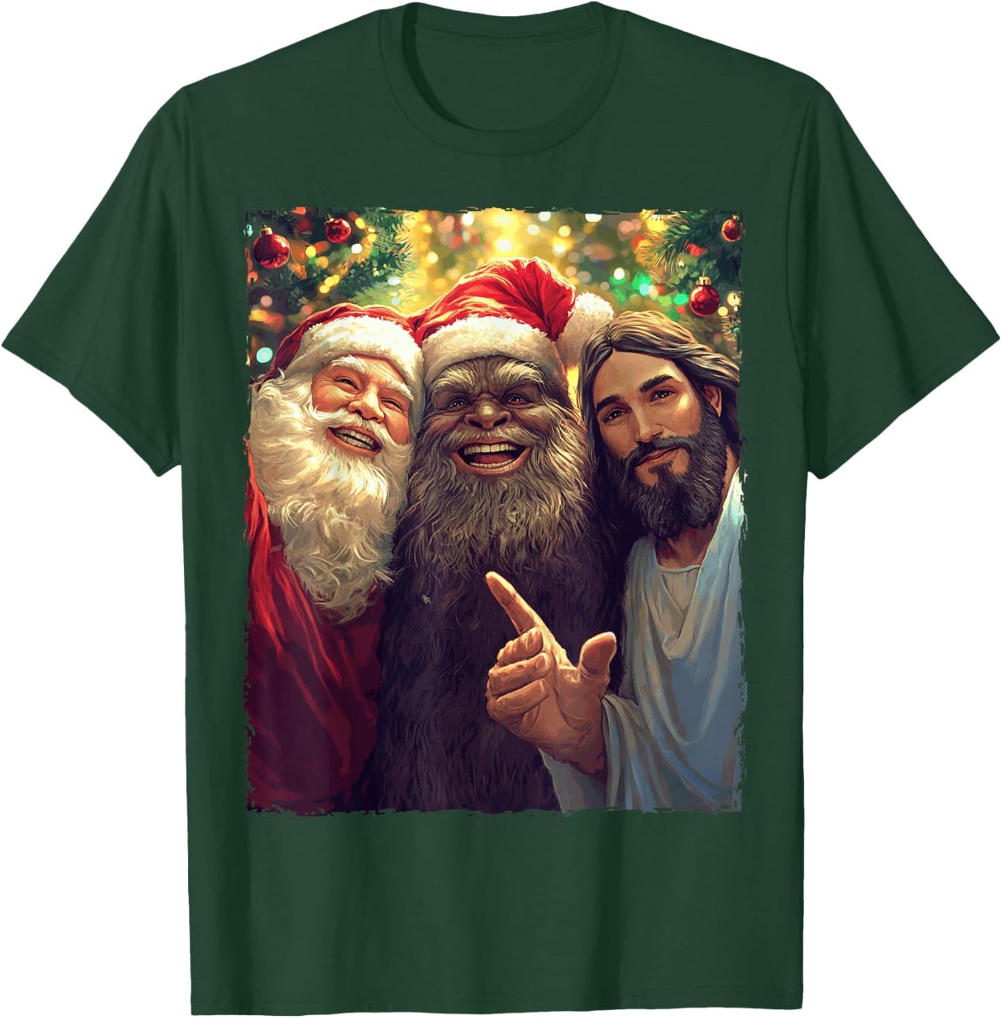 Funny Bigfoot Sasquatch Selfie Santa Jesus Xmas Christmas T-Shirt - T-Shirt | Forest