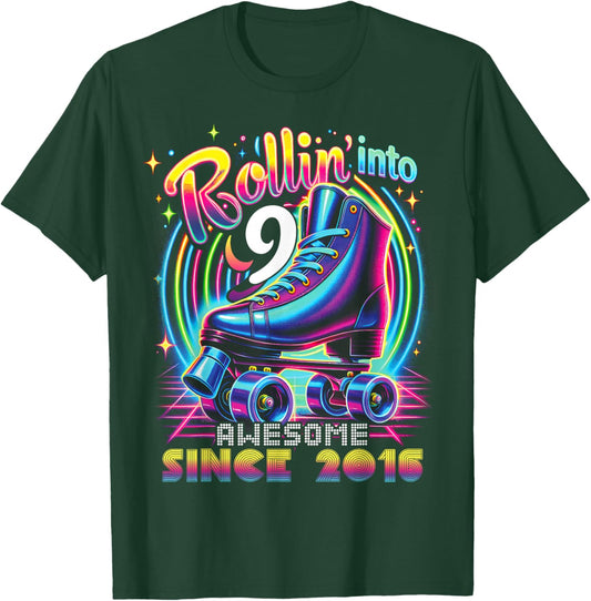Birthday Roller Skating 9th Girls Rollin into 9 Skate Party T-Shirt - T-Shirt | Forest
