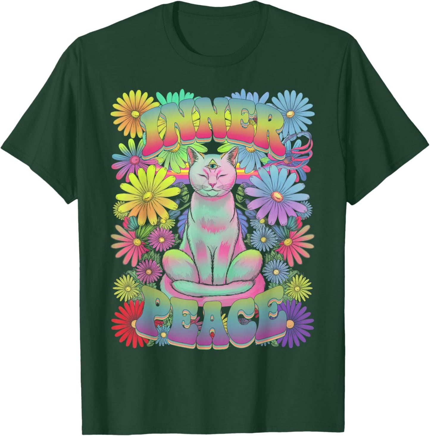 Flower Peace Love Funny Cat Meditation Yoga Floral Bohemian T-Shirt - T-Shirt | Forest