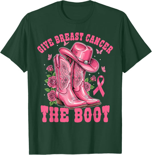 Give Breast Cancer The Boot Cowgirl Cancer Awareness Ribbon T-Shirt - T-Shirt | Forest