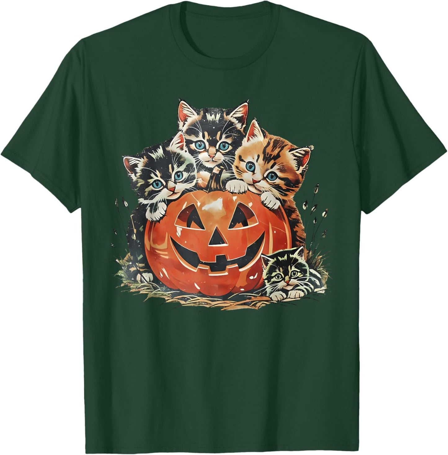 Vintage 90s Cat Pumpkin Halloween Retro Floral Spooky Season T-Shirt - T-Shirt | Forest