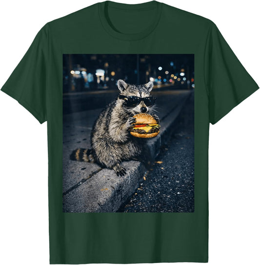 Raccoon Eating Burger Meme Trash Panda Fast Food Funny Kids T-Shirt - T-Shirt | Forest
