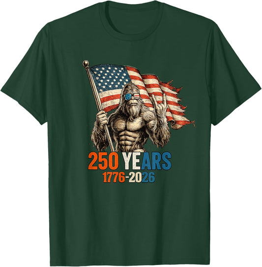 250 Years 1776 2026 Bigfoot Rock American Flag Patriotic 4th T-Shirt - T-Shirt | Forest