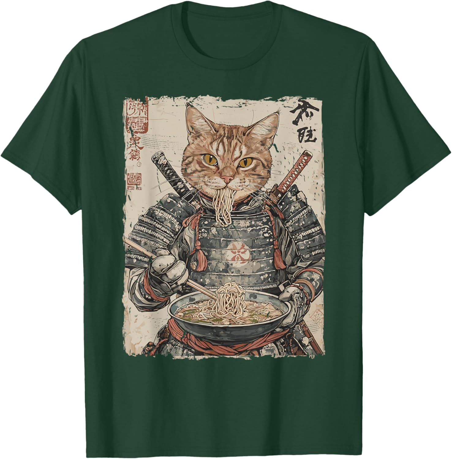Samurai Cat Loves Ramen Funny Anime Japanese Artwork Samurai T-Shirt - T-Shirt | Forest