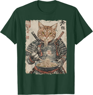 Samurai Cat Loves Ramen Funny Anime Japanese Artwork Samurai T-Shirt - T-Shirt | Forest