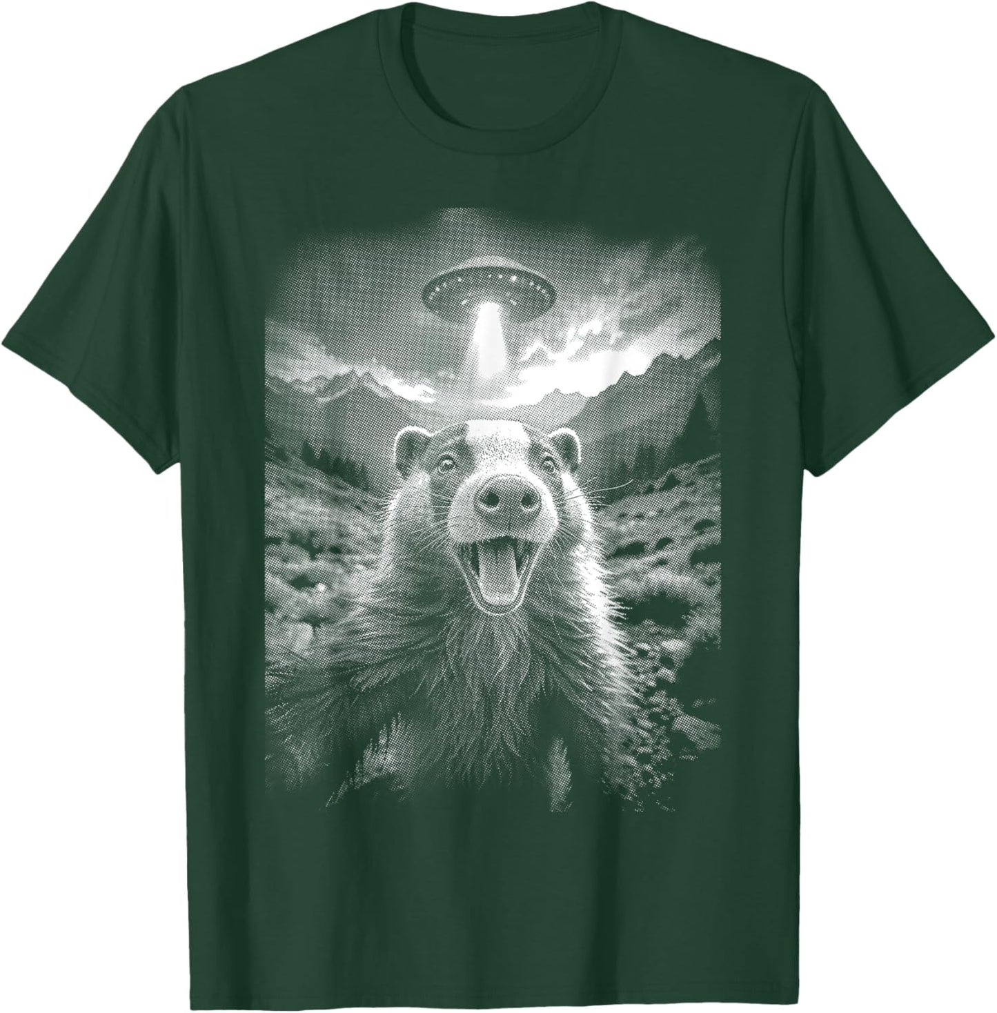 UFO Selfie Photo Funny Badger Flying Saucer Meet Alien , Black, S T-Shirt - T-Shirt | Forest