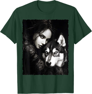 Woman and Wolf Husky Fantasy Art Painting T-Shirt - T-Shirt | Forest