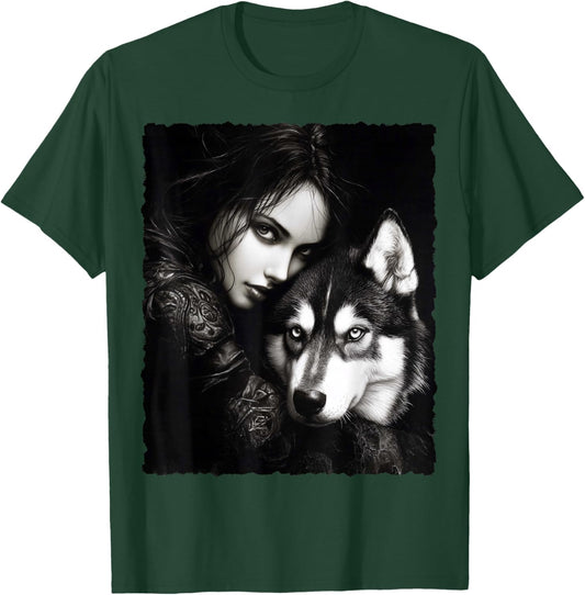 Woman and Wolf Husky Fantasy Art Painting T-Shirt - T-Shirt | Forest