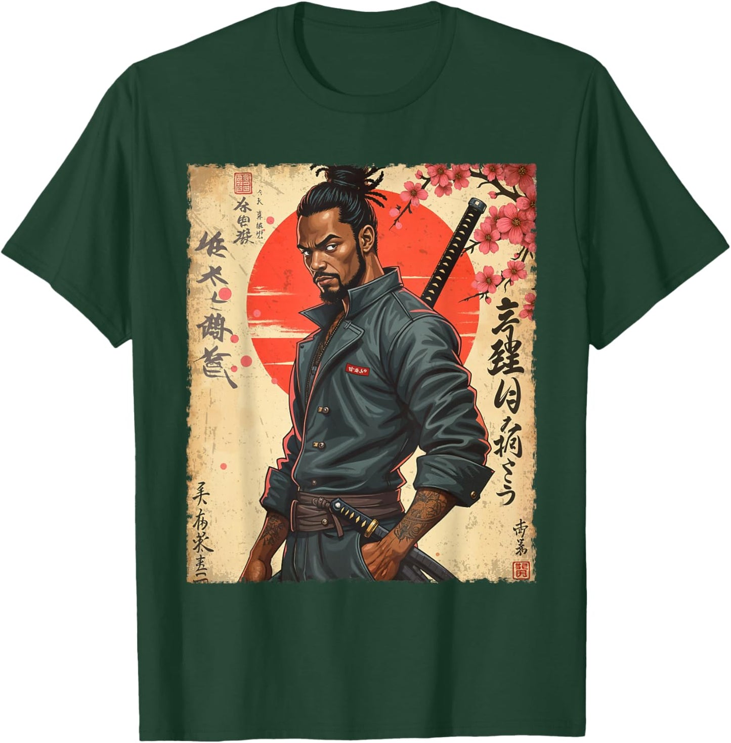 Afro Warrior Samurai African in Anime with Modern Katana T-Shirt - T-Shirt | Forest